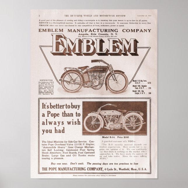 1914 Emblem and Pope motorcycle ad Poster (Front)