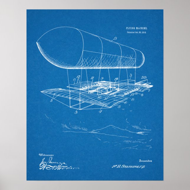 1914 Flying Machine Patent Art Drawing Print (Front)