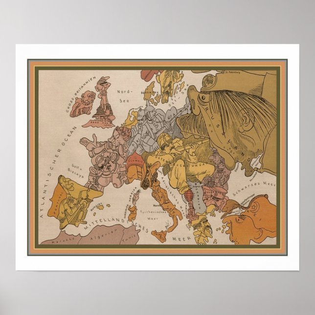 1914 German WWI Cartoon Map of Europe Poster (Front)