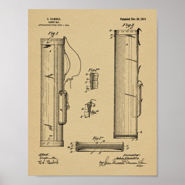 1914 Golf Caddy Club Bag Design Patent Art Print (Front)
