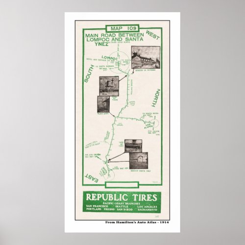 1914 Map Lompoc to Santa Ynez Poster