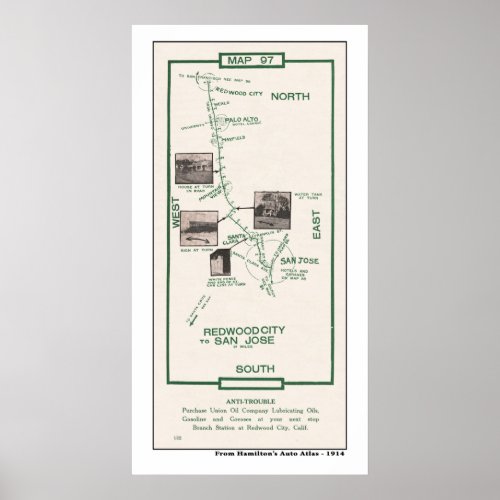 1914 Map Palo Alto to San Jose Poster
