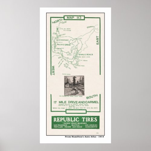 1914 Map Pebble Beach 17 mile drive Carmel Poster