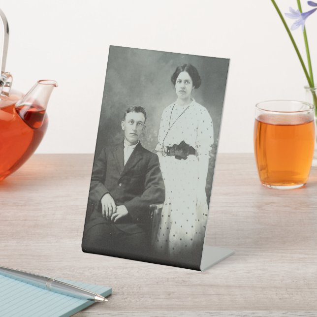 1914 Mr & Mrs Hill RPPC B&W Photo Couple Image Pedestal Sign (In SItu)