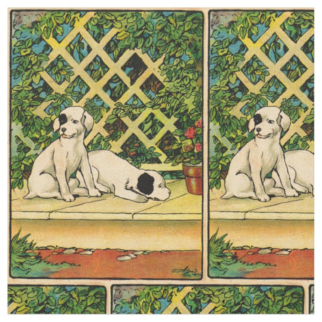 1914 two dogs being curious print fabric (Close Up)