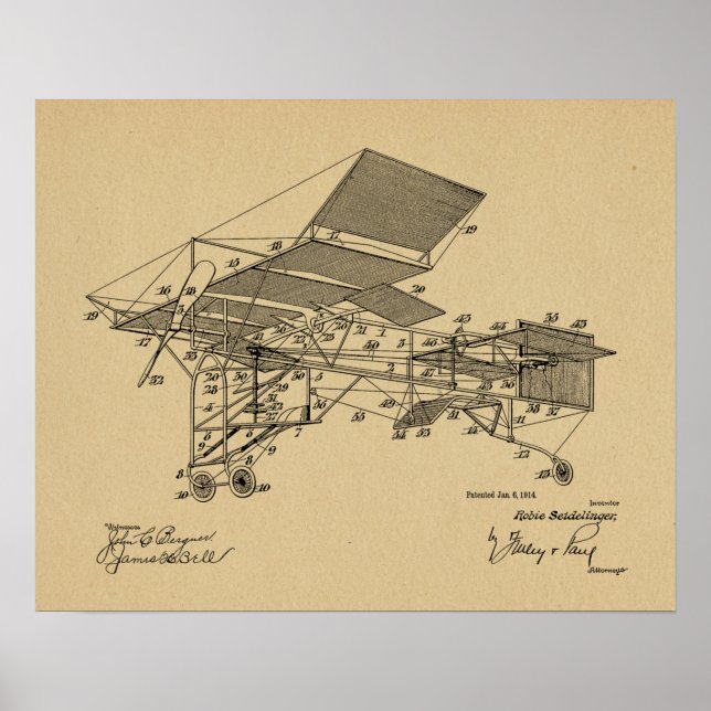 1914 Vintage Airplane Patent Art Drawing Print (Front)
