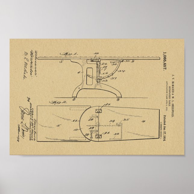 1914 Vintage Osteopathic Table Patent Art Print (Front)