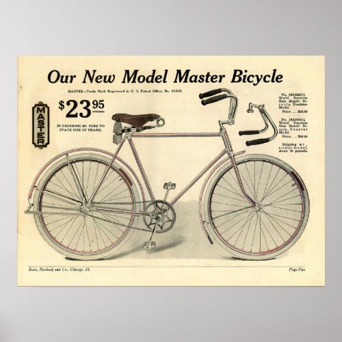 1914 Vintage Sears Master Bicycle Ad Art Poster