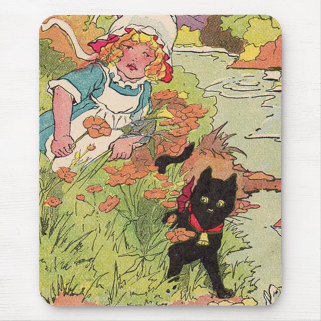 1915 cute little girl and her black cat mouse pad (Front)
