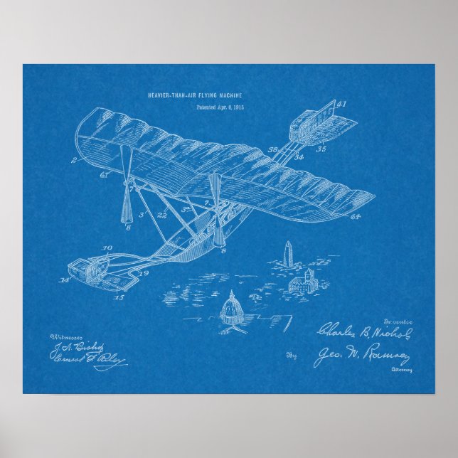 1915 Flying Machine Airplane Patent Art Drawing Poster (Front)