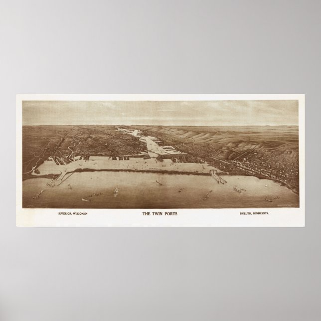1915 Superior, WI & Duluth, MN Birds Eye View Poster (Front)
