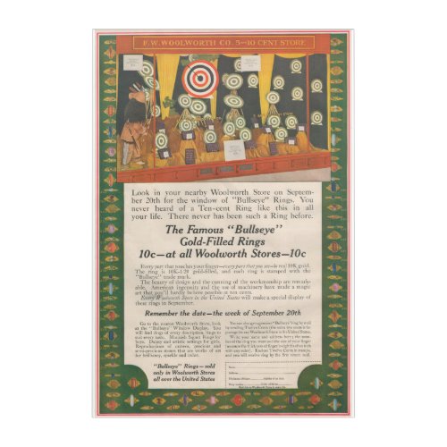 1916 Ad for Woolworth Bullseye gold filled rings Acrylic Print