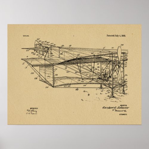 1916 Airplane Biplane Patent Drawing Art Print