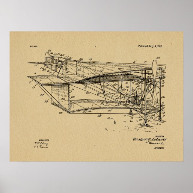 1916 Airplane Biplane Patent Drawing Art Print (Front)