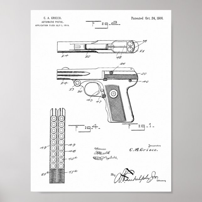 1916 Automatic Gun Patent Art Drawing Print (Front)