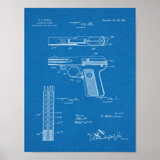 1916 Automatic Gun Patent Art Drawing Print (Front)