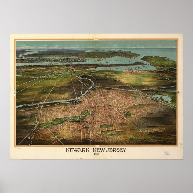 1916 Newark, NJ Birds Eye View Panoramic Map Poster (Front)