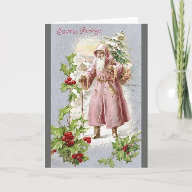 1916 Santa in Pink Coat with Tree Holiday Card (Front)