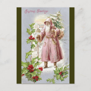 1916 Santa in Pink Coat with Tree Holiday Postcard