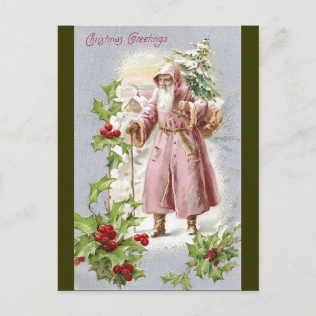1916 Santa in Pink Coat with Tree Holiday Postcard (Front)