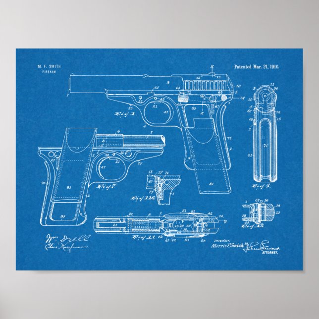 1916 Smith Gun Patent Art Drawing Print (Front)