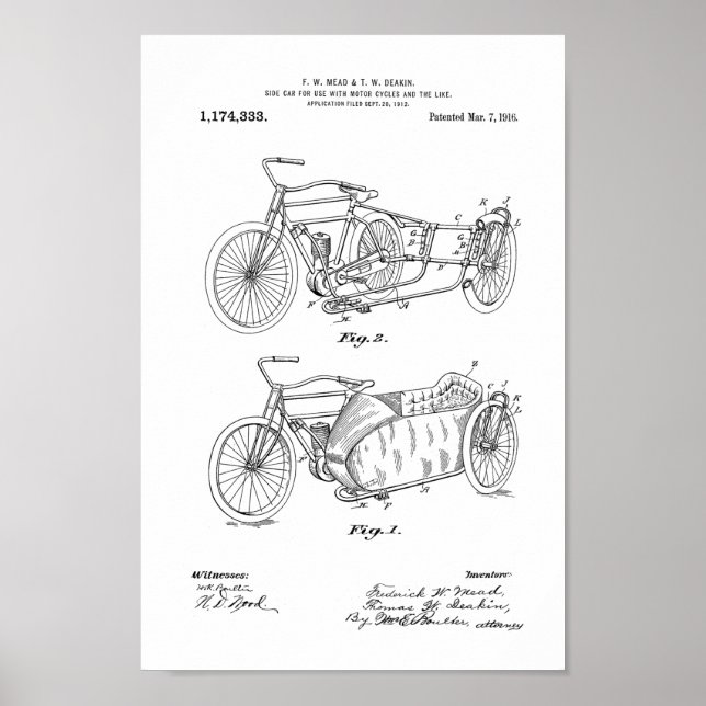 1916 Vintage Motorcycle Patent Art Print (Front)