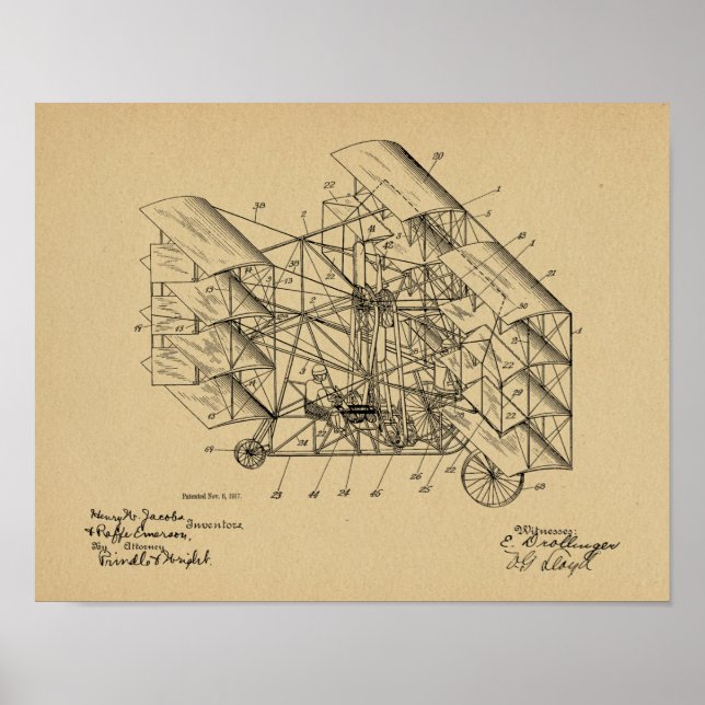 1917 Flying Machine Airplane Patent Art Drawing Poster (Front)