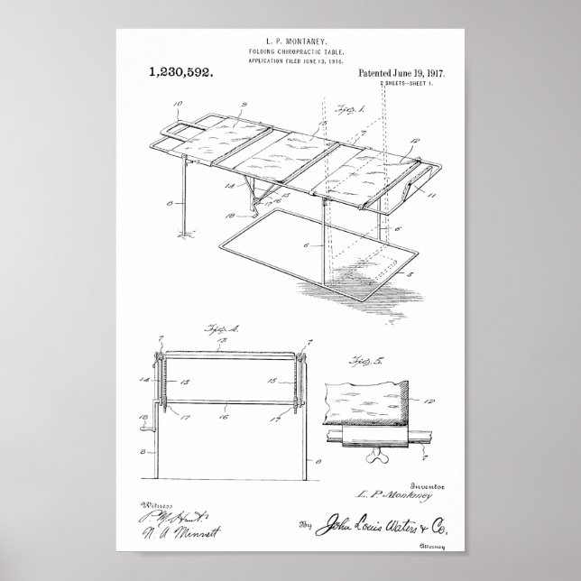1917 Vintage Chiropractic Table Patent Art Print (Front)