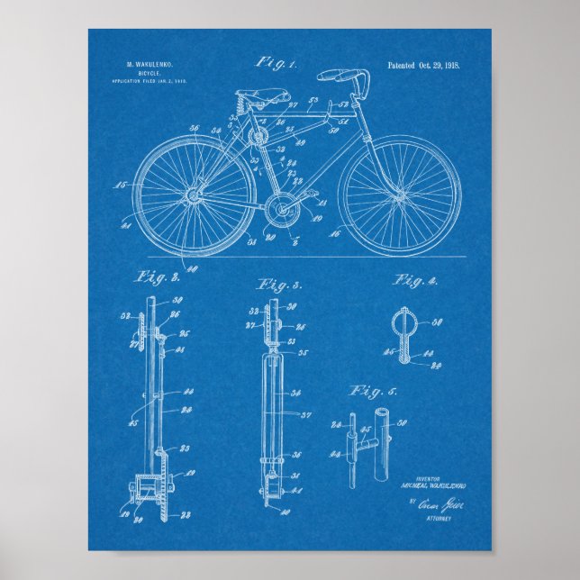 1918 Chainless Bicycle Design Patent Art Print (Front)