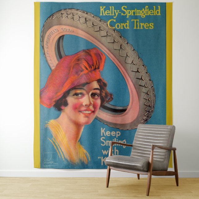 1918 Kelly-Springfield tires ad Keep Smiling Tapestry (In Situ)