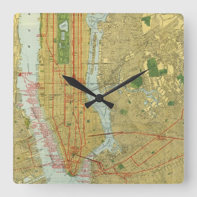 1918 New York Central Railroad Map Square Wall Clock (Front)