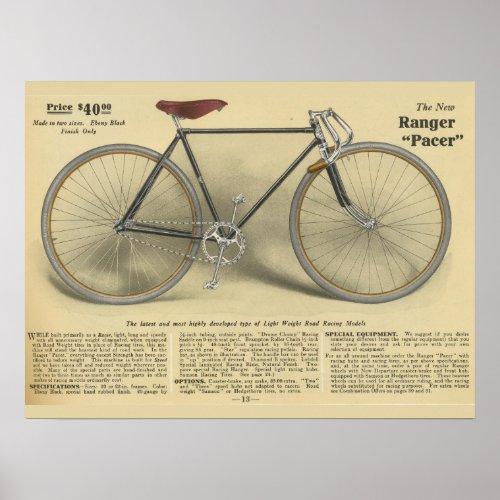 1918 Vintage Ranger Bicycle Pacer Ad Art Poster