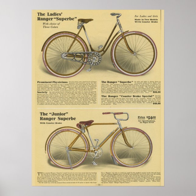 1918 Vintage Ranger Superbe Bicycle Ad Art Poster (Front)