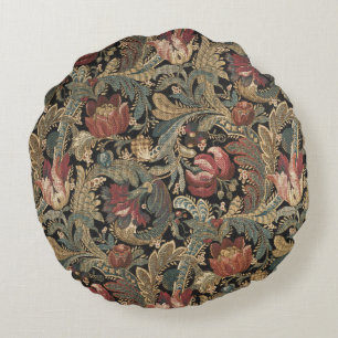 1918 Vintage Rich Floral Tapestry Brocade Damask Round Pillow