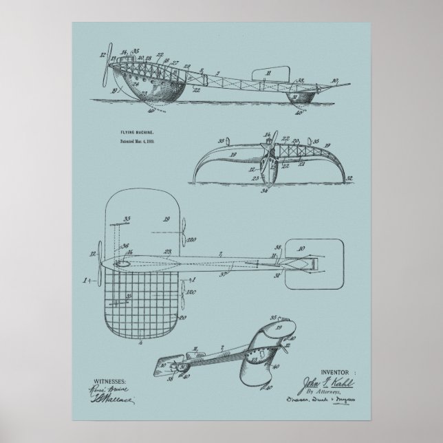 1919 Flying Machine Seaplane Patent Drawing Print (Front)