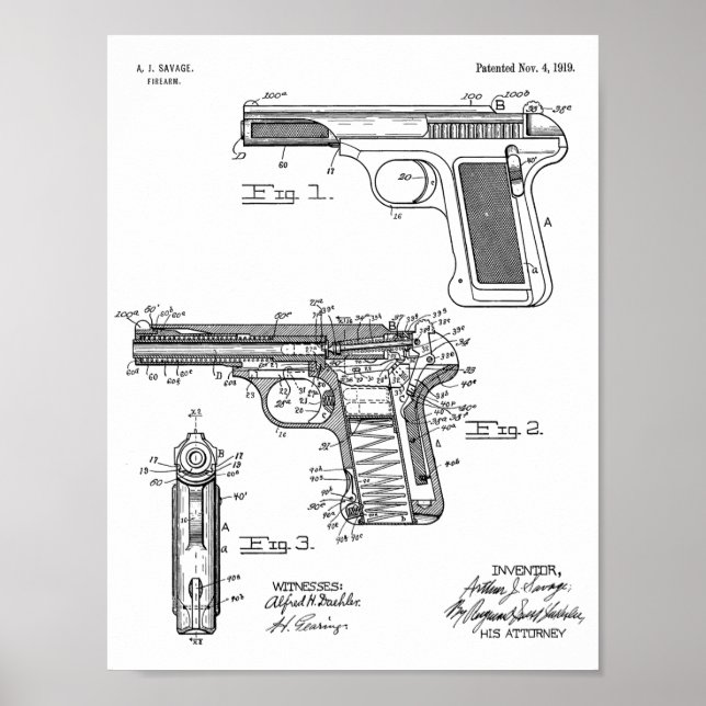 1919 Hand Gun Patent Art Drawing Print (Front)