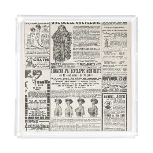 1919 Paris Fashion Antique Newspaper Page Acrylic Tray