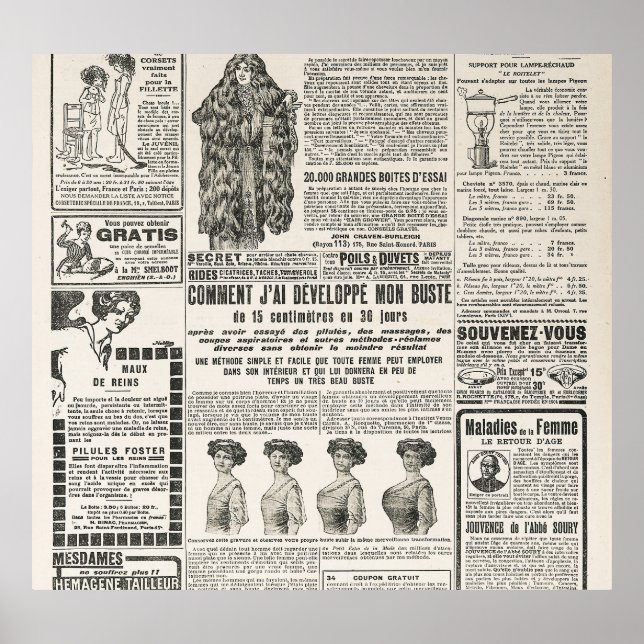 1919 Paris Fashion: Antique Newspaper Page Poster (Front)