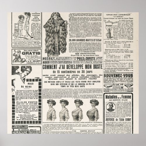 1919 Paris Fashion Antique Newspaper Page Poster