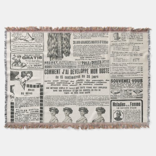 1919 Paris Fashion Antique Newspaper Page Throw Blanket