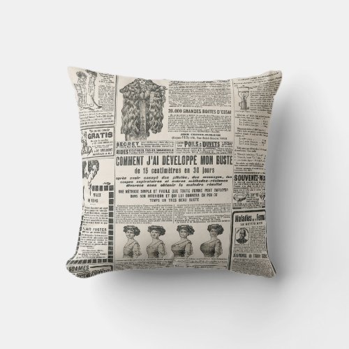 1919 Paris Fashion Antique Newspaper Page Throw Pillow