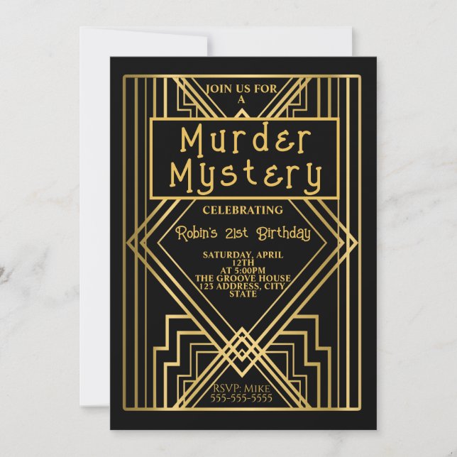 1920 art deco murder mystery birthday party invita invitation (Front)