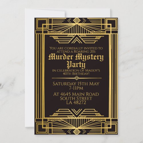 1920 art deco murder mystery birthday party invitation