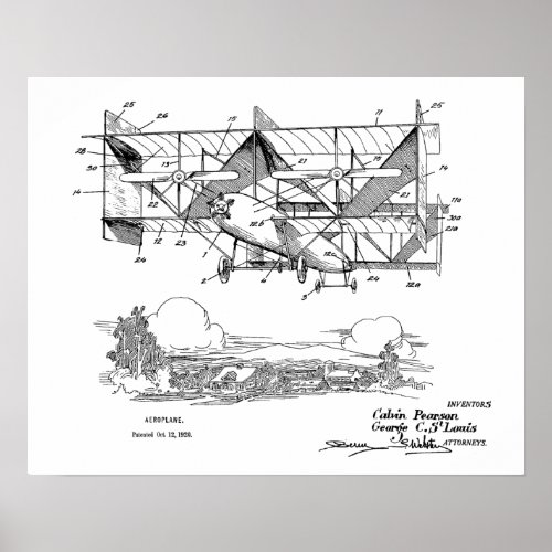 1920 Biplane Airplane Patent Art Drawing Print