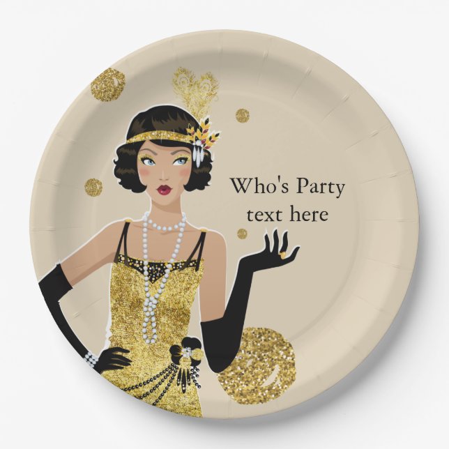 1920 flapper girl  gatsby , Art Deco Paper Plates (Front)