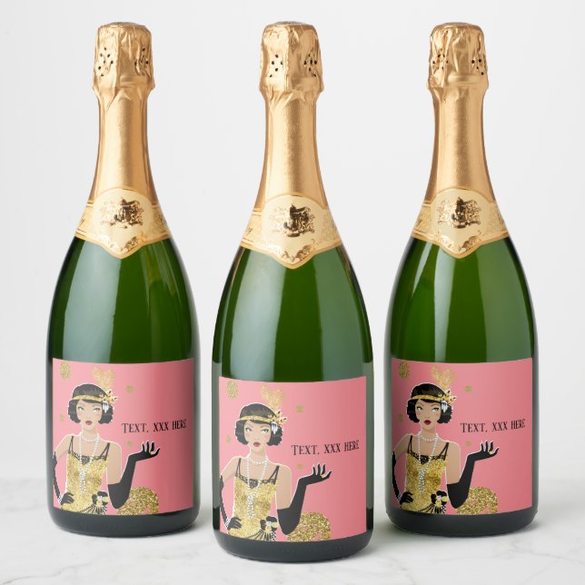 1920 flapper girl  gatsby , Art Deco Sparkling Wine Label (Bottles)