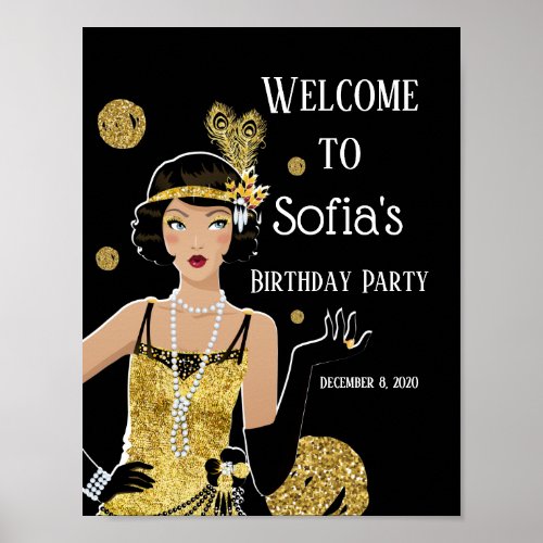 1920 flapper girl  gatsby welcome sign