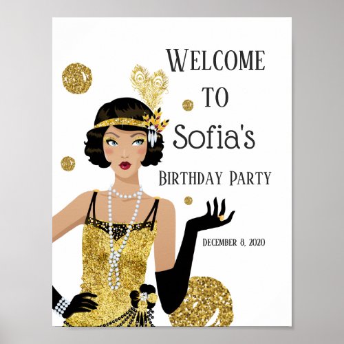 1920 flapper girl  gatsby welcome sign