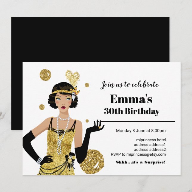 1920 flapper girl invitation, gatsby birthday invitation (Front/Back)
