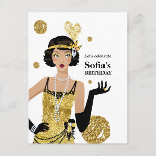 1920 flapper girl invitation, gatsby birthday invitation postcard